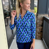 Cir Geo Blu/Emld 3/4 Slv Collar VNeck