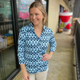 Blue and White Pattern Button Up Top