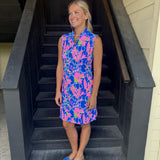 Blue and Pink Floral Sleeveless Keyhole Dress