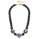 Hazel Chinoiserie & Painted Wood Necklace in Navy