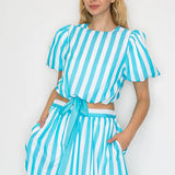 Stripe Turquoise Puffer Sleeve Top