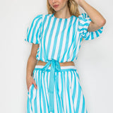 Stripe Turquoise Puffer Sleeve Top