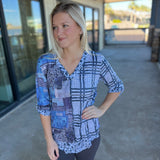 Navy Crinkle V-neck Media Top