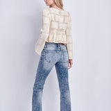 MID RISE STRETCH BOOTCUT W/ RELEASED FRAYED HEM & SLIT JEANS: 5/26