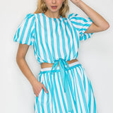 Stripe Turquoise Puffer Sleeve Top