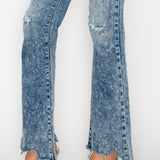 HIGH RISE STRETCH FLARE WITH DISTRESSED FRAYED HEM JEANS: 3(25)