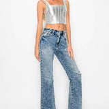HIGH RISE STRETCH FLARE WITH DISTRESSED FRAYED HEM JEANS: 7 (27)