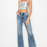 HIGH RISE STRETCH FLARE WITH DISTRESSED FRAYED HEM JEANS: 7 (27)