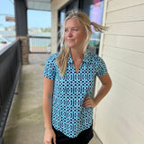 Navy Trellis S. Slv Collar Top
