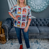 Fleece Scoop Neck Floral Cat Top
