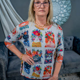 Fleece Scoop Neck Floral Cat Top