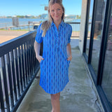 Blue Oval Collar Button Down Dress