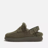Olive Shearling Back-Strap Mules