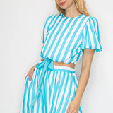 Stripe Turquoise Puffer Sleeve Top